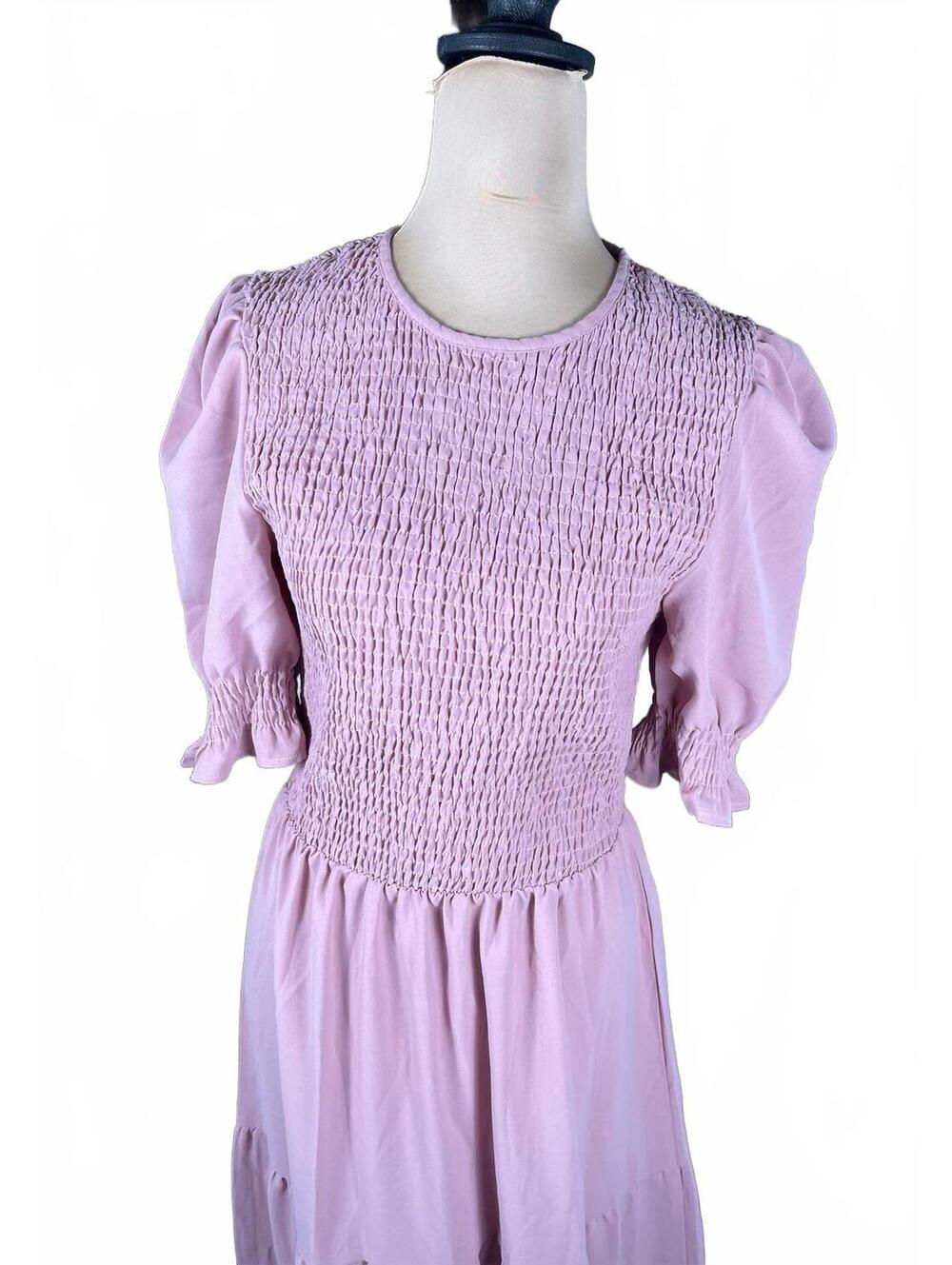 BTFBM Pink Conservative Smocked Puff Sleeve Maxi Dress Medium - Picture 4 of 6